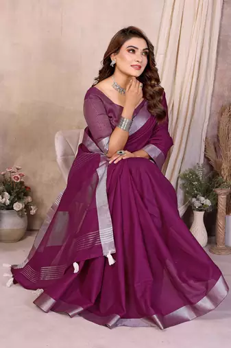 Plum Color Zari Border Cotton Saree 