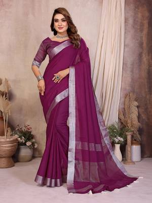 Plum Color Zari Border Cotton Saree  3