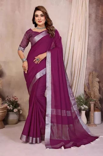 Plum Color Zari Border Cotton Saree 