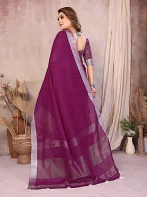 Plum Color Zari Border Cotton Saree  4