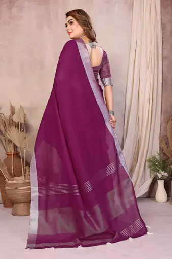 Plum Color Zari Border Cotton Saree 