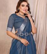 Teal Color Zari Border Cotton Saree 