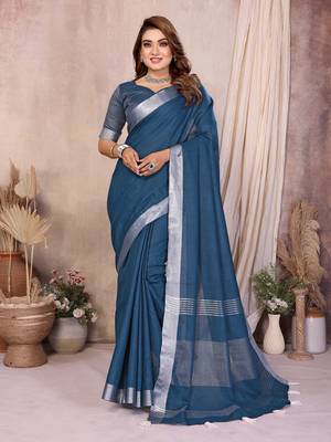 Teal Color Zari Border Cotton Saree  2