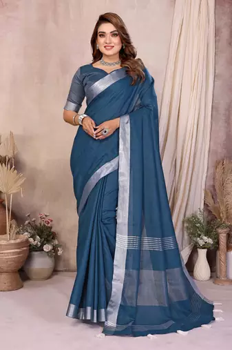 Teal Color Zari Border Cotton Saree 