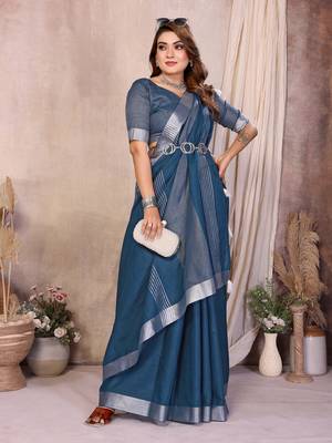 Teal Color Zari Border Cotton Saree  3