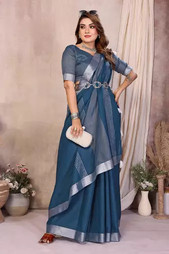 Teal Color Zari Border Cotton Saree 