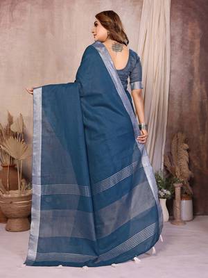Teal Color Zari Border Cotton Saree  4