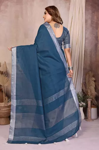Teal Color Zari Border Cotton Saree 