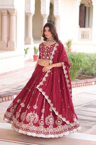 Vichitra Silk Heavy Sequins & Thread Embroidered Lehenga with Dupatta & Blouse