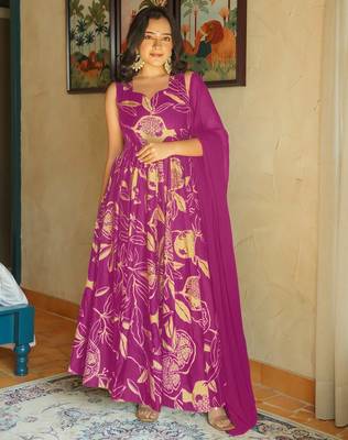 Rani pink heavy rayon digital printed anarkali gown with georgette dupatta & half inner 1