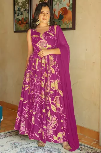 Rani pink heavy rayon digital printed anarkali gown with georgette dupatta & half inner