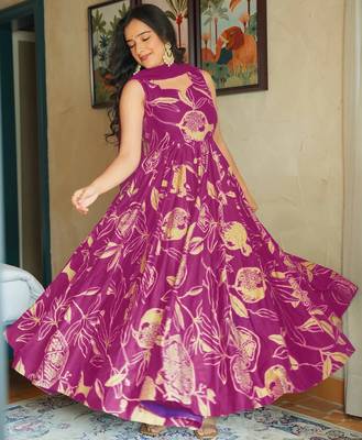Rani pink heavy rayon digital printed anarkali gown with georgette dupatta & half inner 2