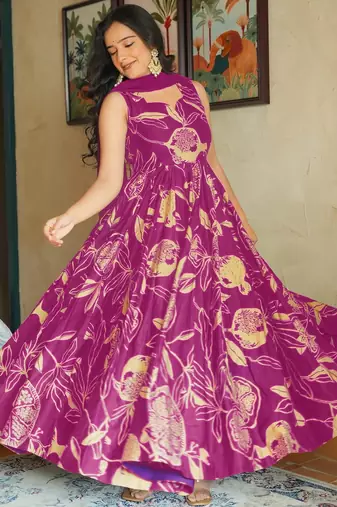 Rani pink heavy rayon digital printed anarkali gown with georgette dupatta & half inner