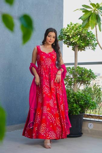 Red heavy rayon digital printed anarkali gown with 2.5m georgette dupatta     xs to 6xl