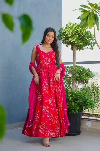 Red heavy rayon digital printed anarkali gown with 2.5m georgette dupatta     xs to 6xl