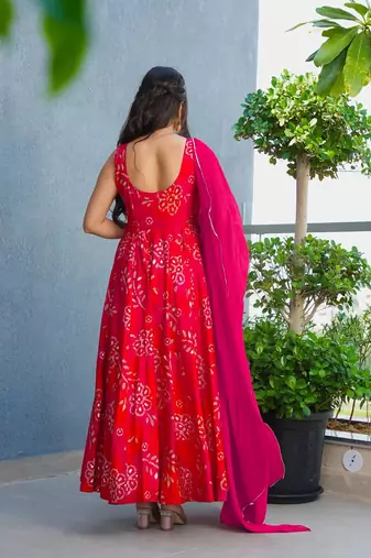 Red heavy rayon digital printed anarkali gown with 2.5m georgette dupatta     xs to 6xl