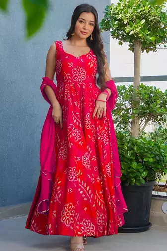 Red heavy rayon digital printed anarkali gown with 2.5m georgette dupatta     xs to 6xl