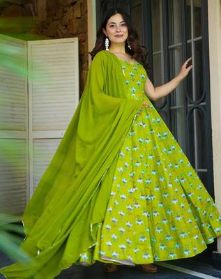 Parrot green heavy rayon fully flared digital printed anarkali gown with georgette dupatta 1