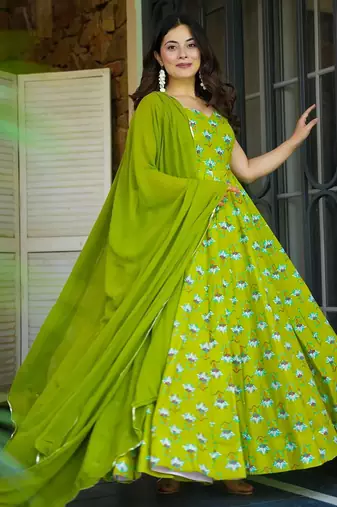 Parrot green heavy rayon fully flared digital printed anarkali gown with georgette dupatta