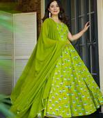 Parrot green heavy rayon fully flared digital printed anarkali gown with georgette dupatta