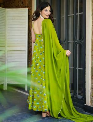 Parrot green heavy rayon fully flared digital printed anarkali gown with georgette dupatta 2