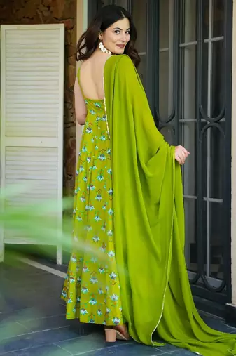 Parrot green heavy rayon fully flared digital printed anarkali gown with georgette dupatta