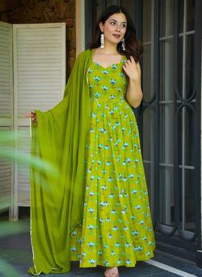 Parrot green heavy rayon fully flared digital printed anarkali gown with georgette dupatta 3