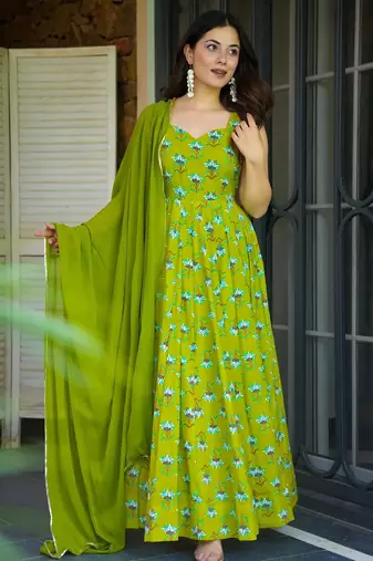 Parrot green heavy rayon fully flared digital printed anarkali gown with georgette dupatta