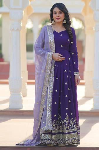 Purple star georgette zari sequins embroidered flared gown with heavy dupatta