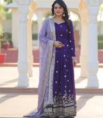 Purple star georgette zari sequins embroidered flared gown with heavy dupatta