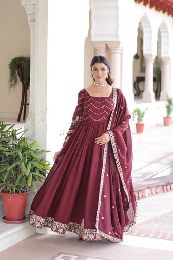 Maroon vichitra silk sequins embroidered flared gown with heavy dupatta