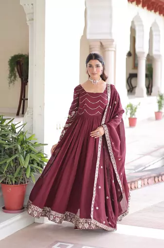 Maroon vichitra silk sequins embroidered flared gown with heavy dupatta