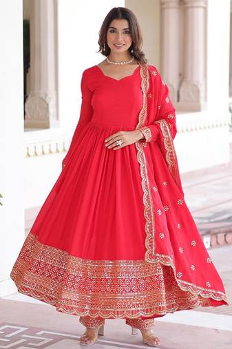 Red vichitra silk sequins embroidered flared gown with pant and heavy dupatta