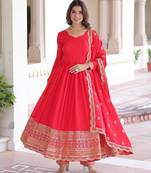 Red vichitra silk sequins embroidered flared gown with pant and heavy dupatta