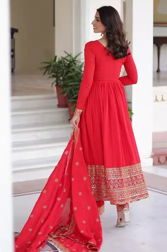 Red vichitra silk sequins embroidered flared gown with pant and heavy dupatta