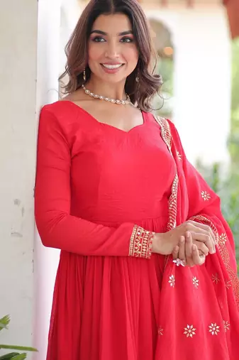 Red vichitra silk sequins embroidered flared gown with pant and heavy dupatta