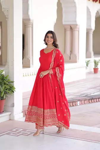 Red vichitra silk sequins embroidered flared gown with pant and heavy dupatta
