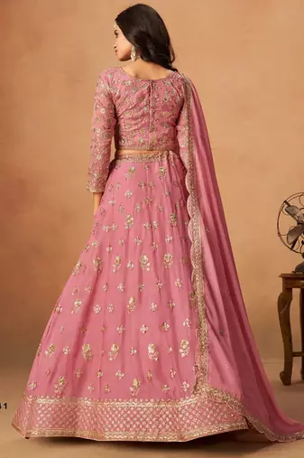pink organza lehenga set with choli and dupatta with