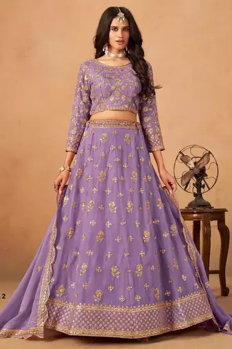 Lavender Organza Semi Stitched Lehenga Choli with Heavy Embroidery Work