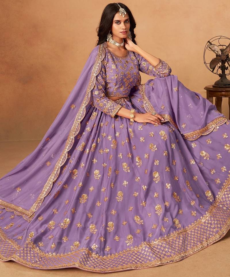 Lavender Organza Semi Stitched Lehenga Choli with Heavy Embroidery Work