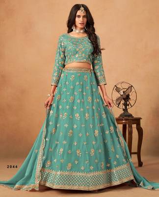 sky blue organza lehenga set with choli and dupatta 1