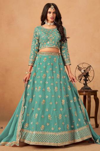 Sky Blue Organza Semi Stitched Lehenga Choli with Heavy Embroidery Work