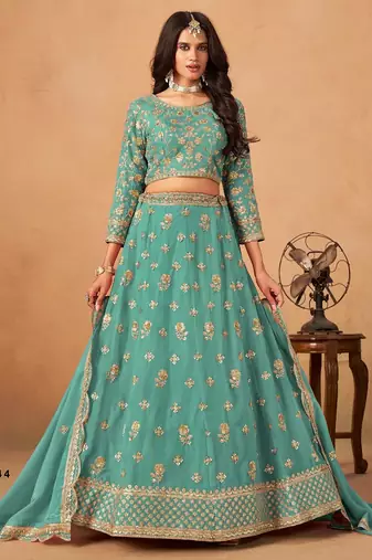 Sky Blue Organza Semi Stitched Lehenga Choli with Heavy Embroidery Work