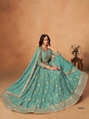 sky blue organza lehenga set with choli and dupatta 2