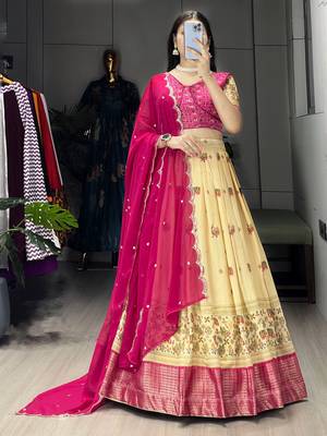 Pink Color  Marshmellow Rico  Printed With Contrast Weaving Work Lehenga With Unstitched Blouse 1
