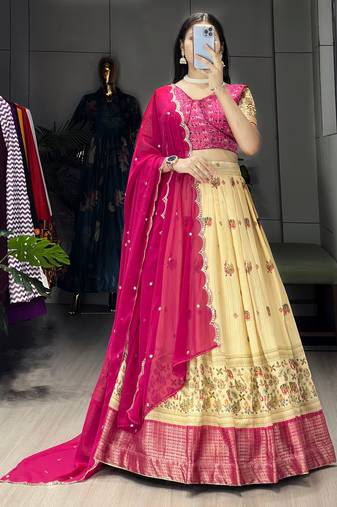 Pink Color  Marshmellow Rico  Printed With Contrast Weaving Work Lehenga With Unstitched Blouse