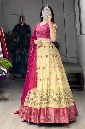 Pink Color  Marshmellow Rico  Printed With Contrast Weaving Work Lehenga With Unstitched Blouse