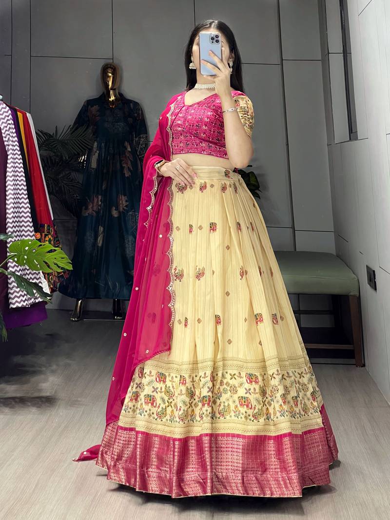 Pink Color  Marshmellow Rico  Printed With Contrast Weaving Work Lehenga With Unstitched Blouse