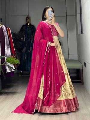 Pink Color  Marshmellow Rico  Printed With Contrast Weaving Work Lehenga With Unstitched Blouse 3