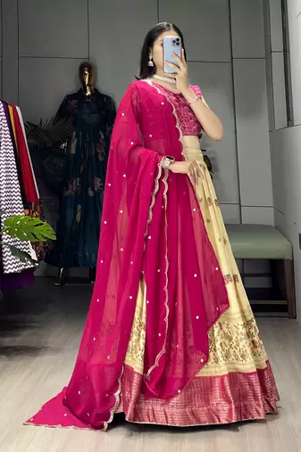 Pink Color  Marshmellow Rico  Printed With Contrast Weaving Work Lehenga With Unstitched Blouse